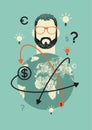 World online business conceptual retro poster with young hipster man. Vector illustration.